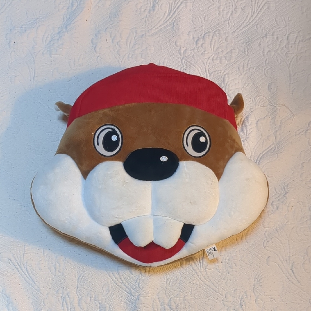 Buc-Ees Beaver Face Plush Pillow with Red Hat